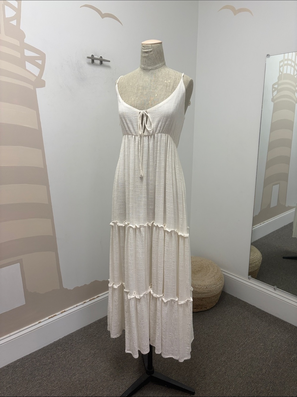 Women's Cream Tiered Maxi Dress with Tie Front